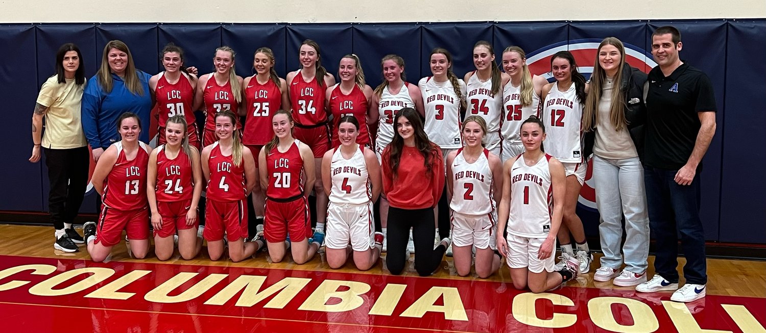 The Lower Columbia College Senior All-Star Game participants pose for a photo after the White Team defeated the Red Team, 100-68. Local participants include Kylie Waltermeyer (25) and Morgan Rogerson (34) of the Red Team, and Brooklyn Loose (3), Karlee VonMoos (34), Hailey Brooks (25), Caelyn Marshall (4), Morgan Hamilton (2), and Brooklyn Sandridge (1) of the White Team.